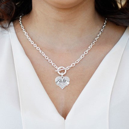 Lil Sis Pave Heart Silver Toggle Necklace
