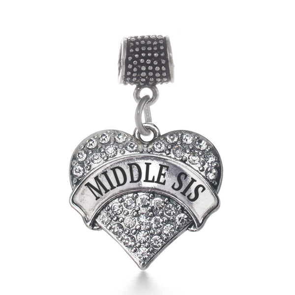 Middle Sis Pave Heart Silver Memory Charm